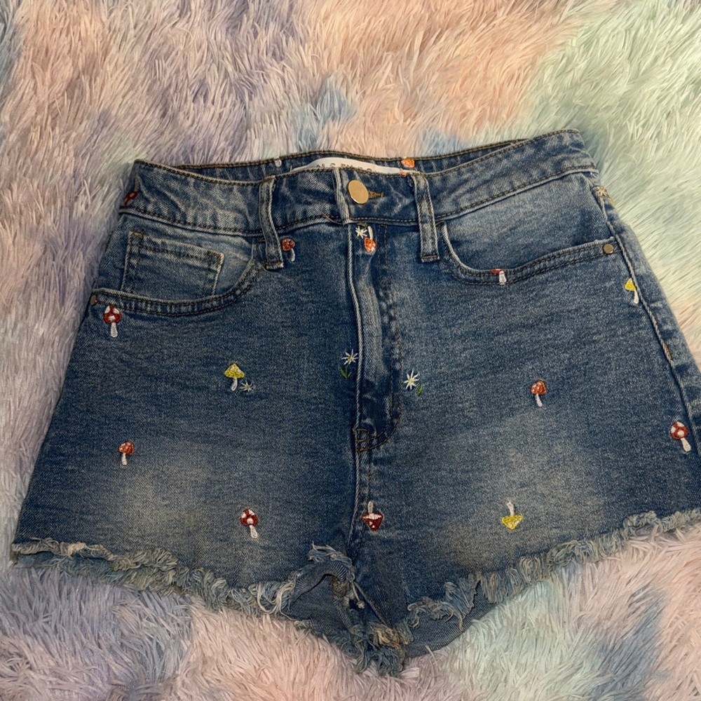 Embroidered Blue Denim mushroom flower Shorts